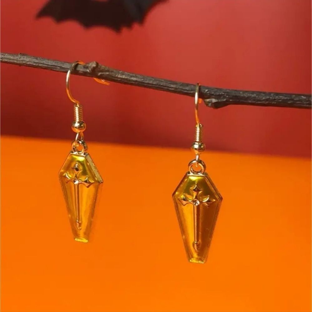 gold Coffin vampire earrings Halloween jewelry Goth cross